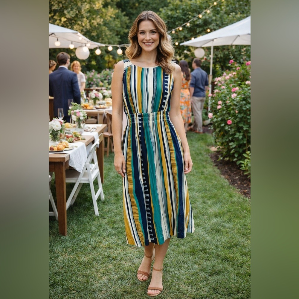 UMGEE Abstract Print Multicolor Striped Midi Dress Sleeveless Aztec Boho Festive